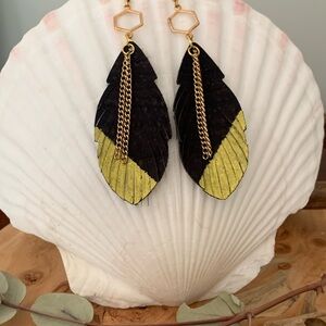 Geometric Black and Gold Earrings with Chain Detail